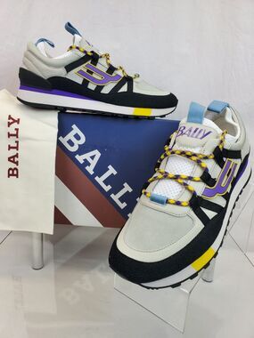 NIB BALLY GLICK BLACK DUSTY WHITE FABRIC LEATHER LOGO LOW SNEAKERS 9 US 42